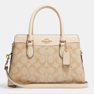 New! Mini Darcie Carryall in Blocked Signature Canvas in Gold/Light Khak…